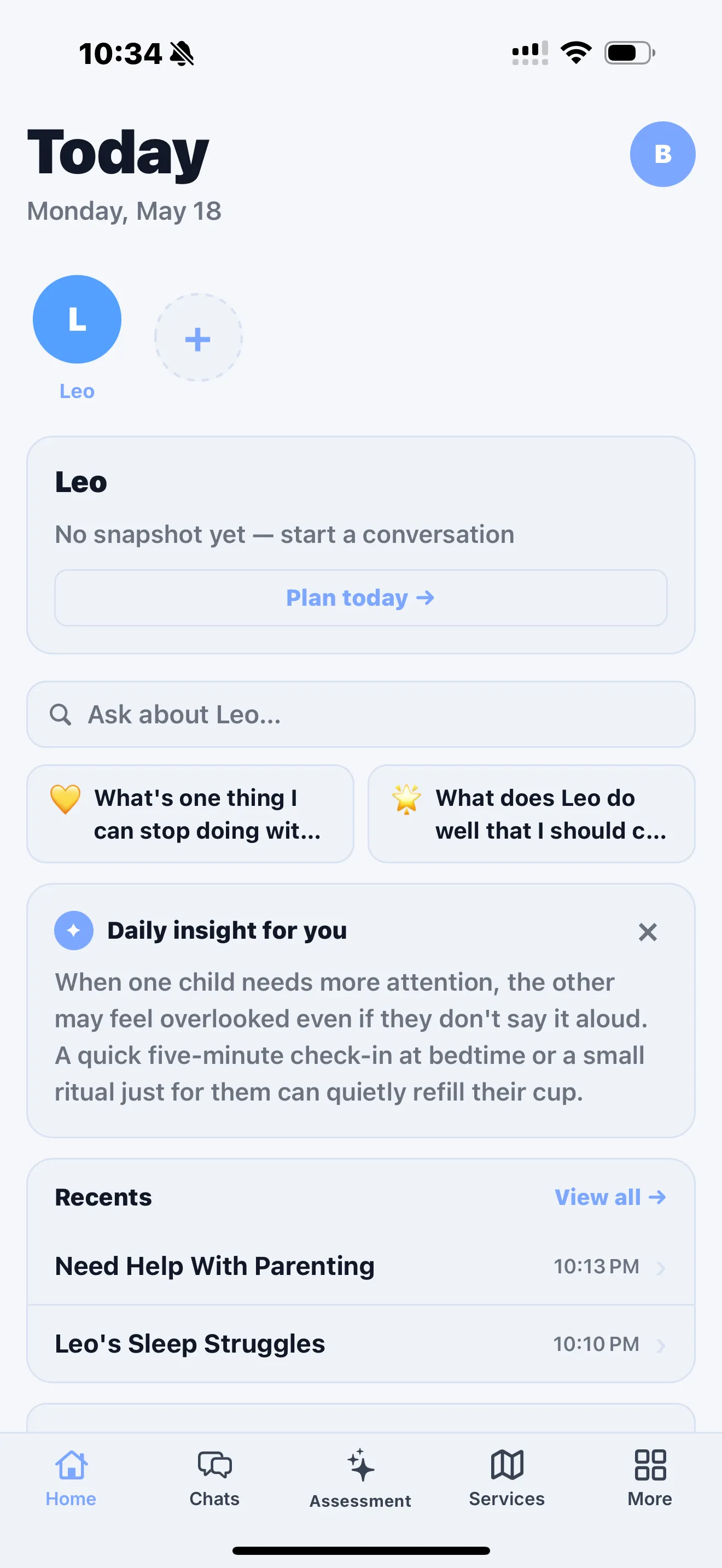Parenta AI home screen — your child's day at a glance