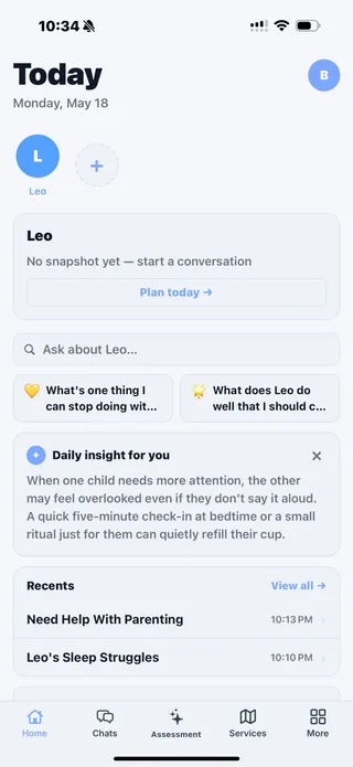 Parenta AI home screen showing Leo's daily insight for Monday May 18