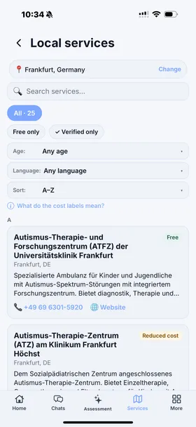 Parenta AI local services screen showing specialist providers near Frankfurt